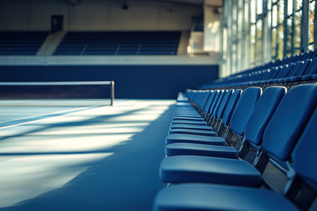 Rows of empty blue seats surround a tennis court in an indoor stadium. Light from a window falls on the empty tennis court.の素材