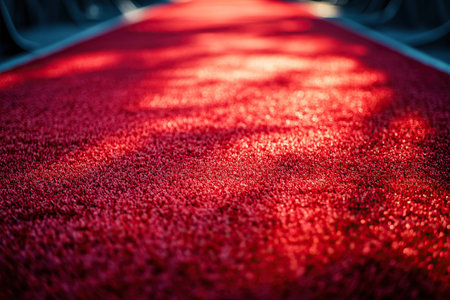 A luxurious close-up of a red carpet captures its rich, velvety texture under dramatic lighting, where soft highlights and deep shadows create a striking play of contrasts.の素材