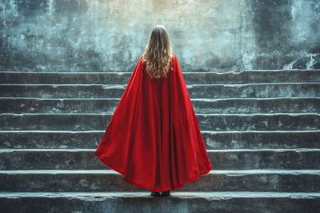 A blonde girl in a long red coat stands on the first step of a high concrete staircase.の素材