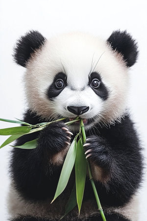 Baby panda funny eating bamboo leaves on white background.の素材