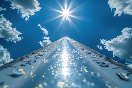 The thermometer goes high into the sky with the sun shining brightly. The air temperature is rising. Meteorology.の素材
