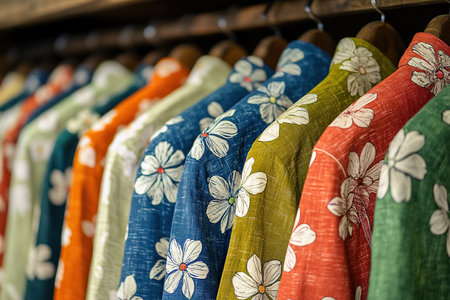 Men's shirts with floral patterns hang on hangers.の素材