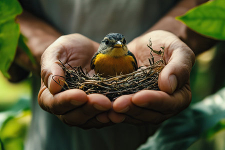 Hands carefully cradle a nest containing a small, vibrant bird, symbolizing care and nurturing. The peaceful setting highlights themes of nature and protection, evoking a sense of calm and renewal.の素材