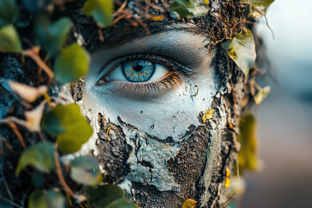Close-up of a blue woman eye surrounded by tree bark and leaves, symbolizing a connection between nature and humanity, highlighting environmental harmony and natural beauty.の素材