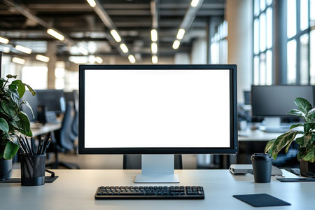 Contemporary office setting featuring a large computer monitor with a blank screen, surrounded by desk accessories and foliage, illustrating productivity and organization.の素材