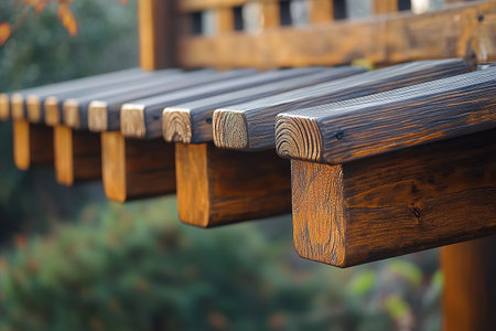 Detailed view of several wooden beams showing natural grain texture and rich brown tones under sunlight. The beams are positioned parallel, enhancing their dimensional structure.の素材