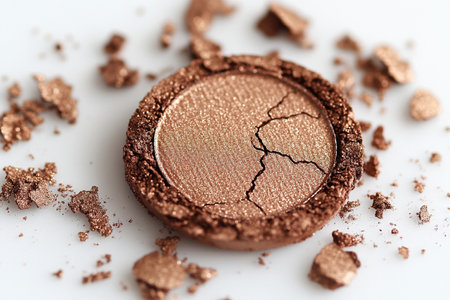 Cracked bronze eyeshadow shows a shimmering texture with scattered pieces. The close-up captures metallic details perfect for cosmetic and beauty themes.の素材