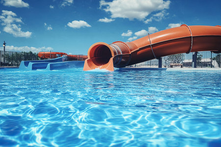 Water slide descends into empty pool with clear blue water. Summer vacation concept. Holidays in a hotel with a water park.の素材