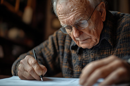 Close up of elderly man sitting at table signing health insurance contract or deal. Elderly care concept.の素材