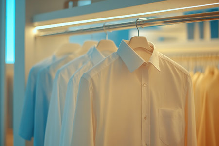 Stylish business shirts hanging on hangers in a fashion store, stylish light interior of the storeの素材