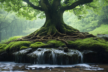 Enchanting tree with lush green foliage and expansive roots cascading over a tranquil stream. Emphasizes the harmony between nature and water in a serene forest setting.の素材