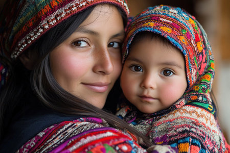Portrait of a mother tenderly hugging her baby. People of oriental appearance.の素材