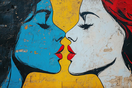 A bright social banner with an image of two kissing girls painted on the wall. LGBT.の素材