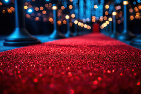 Red carpet at a film festival with a blurred blue lights background. cinematic styleの素材