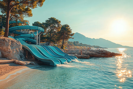 water park on the seashore, huge long slides, bright sunの素材