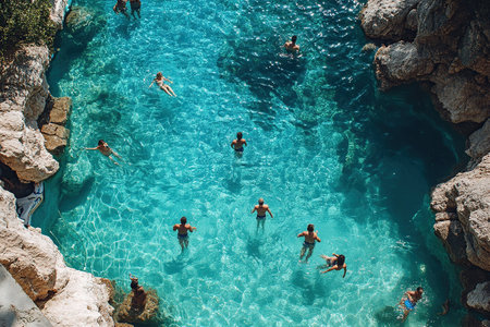 A view from above of a bay with crystal clear water and people swimming in it.の素材