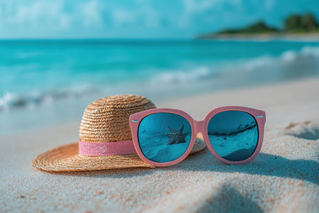 Summer banner with sun hat and sunglasses lying on white sand by the sea.の素材