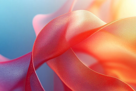 Dynamic abstract image showcasing red fabric flowing in gentle waves, creating an impression of movement and texture. The interplay of light and shadow adds depth to the material.の素材