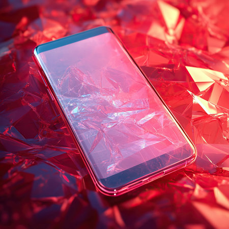 A smartphone with a transparent screen lies on a red crystal background.の素材