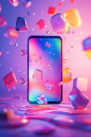 Vibrant image of a smartphone surrounded by levitating colorful ice cubes. The colorful and dynamic composition conveys a futuristic aesthetic and energy.の素材