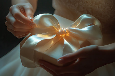 Hands gently holding a beautifully wrapped gift box adorned with a luxurious satin ribbon, capturing a moment of anticipation and surprise in a softly lit setting.の素材