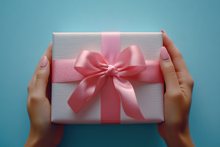 Hands gently hold a beautifully wrapped gift box adorned with a pink ribbon bow on a light blue background. Perfect for themes of celebration, giving, and special occasions.の素材