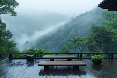 Misty mountains stretch across the horizon viewed from a wooden deck. Their lush green trees are partially obscured by fog, creating a tranquil and serene atmosphere.の素材
