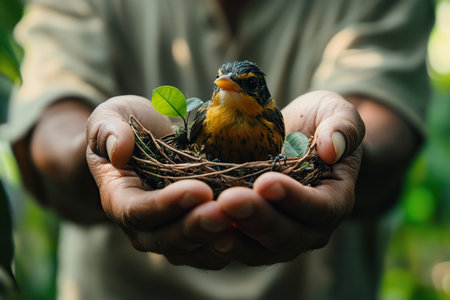 Hands gently holding a small bird in a nest, surrounded by green leaves, conveying a sense of care and protection. The bird's curious expression adds to the tender scene.の素材