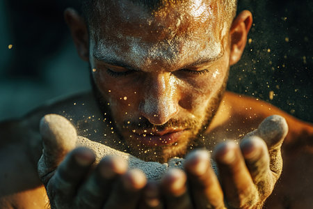 Close-up of a man holding and observing sand, showcasing a concentrated and introspective expression. Sand particles are suspended mid-air, creating a dynamic visual effect.の素材