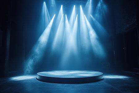 Stage and theater setup featuring an empty platform illuminated by intense spotlights creating a dramatic and mysterious atmosphere. Ideal for performing arts, concerts, and events themes.の素材