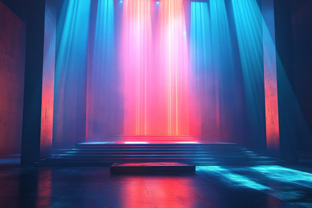 Abstract scene of colorful light beams casting a mystical glow over a stairwell. The vibrant interplay of blue and red hues creates a dreamlike, futuristic ambiance.の素材