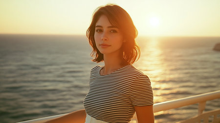 Woman standing on a balcony overlooking the ocean during sunset, expressing calmness and contentment. Soft sunlight enhances her serene expression as she gazes into the distance.の素材