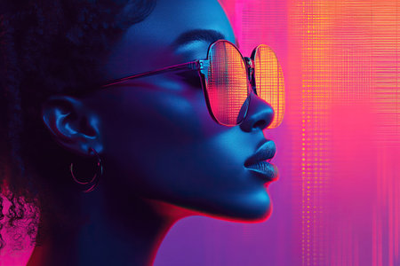 Side profile of a woman wearing sunglasses reflecting vibrant neon lights. The image features a striking contrast of colors, highlighting modern and futuristic aesthetics.の素材