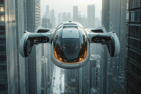 A sleek, futuristic flying car navigates through a modern cityscape, highlighting advanced urban mobility and innovative transportation. The image captures the technological marvel gliding between skyscrapers, symbolizing the future of urban transport.の素材