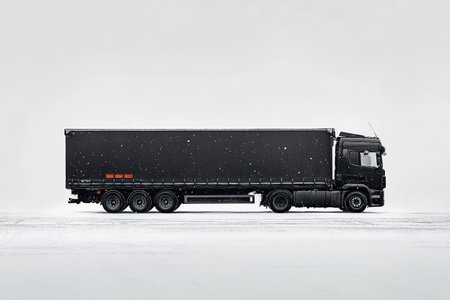 A sleek black truck is parked on a snowy road, showcasing its elegance against a white winter landscape. The snowflakes on the truck highlight a serene and peaceful momentの素材