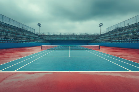 A deserted tennis court with vibrant blue and red colors sits unoccupied under an overcast sky, creating a dramatic and moody atmosphere.の素材