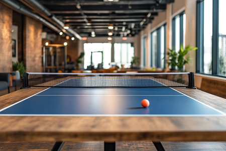 A close-up view of a ping pong table in a vibrant, modern office setting. The blue table surface and orange ball create a dynamic contrast, highlighting a popular recreational activity for relaxation and team bonding.の素材