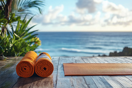 A gymnastics mat is laid out on a wooden floor overlooking the ocean. Relaxing and serene setting perfect for meditation or yoga practice.の素材