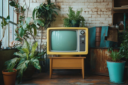 Vintage TV model in a room with potted plants. Room in retro style.の素材