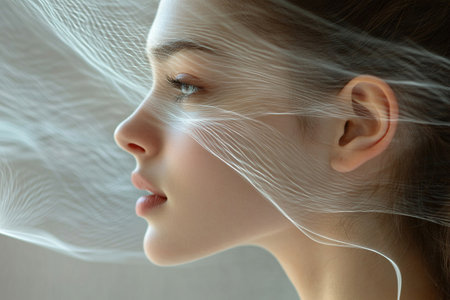 Side profile of a serene woman with closed eyes, soft lines flowing around her face, creating an ethereal and artistic effect, suggesting calmness and tranquility.の素材
