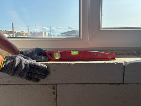 A building level on a window sill during house construction. The builder checks the level of the...