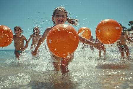 Happy children playing with balls in the sea. Children having fun outdoors. Summer holidays and healthy lifestyle conceptの素材