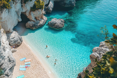 Top view of people swimming in a natural pool with crystal clear blue water. Summer vacationの素材