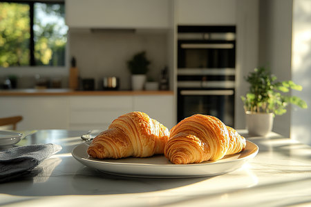 Two fresh croissants on a white plate for breakfast in the kitchen. Delicious breakfast in the sunlight.の素材