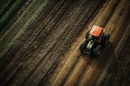 Red tractor driving on plowed field, top view. Agricultural machinery and farming concept.の素材