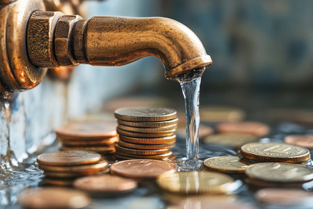 Money down the drain concept, illustrating rising water bills. A leaky faucet spilling water onto gold coins. resource saving conceptの素材