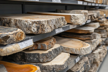 Round wooden trays and stands on the shelves of the store. Products made of natural wood.の素材