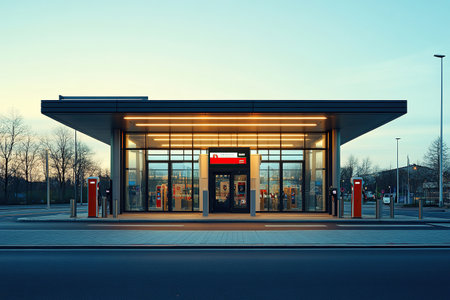 A petrol station on the outskirts of the city in the evening.の素材
