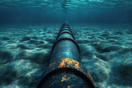 View from under the water of a pipe running along the bottom of a reservoir. Oil and gas pipeline underwater.の素材