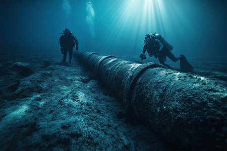 Divers inspect a pipe at the bottom of a reservoir. Oil and gas pipeline underwater. Maintenance of oil and gas pipelines underwater.の素材